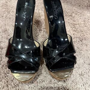 Jimmy Choo Glossy Black Wedge Sandals